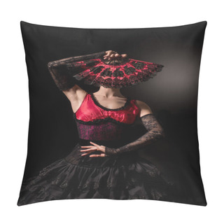 Personality  Young Flamenco Dancer Covering Face With Fan On Black Pillow Covers