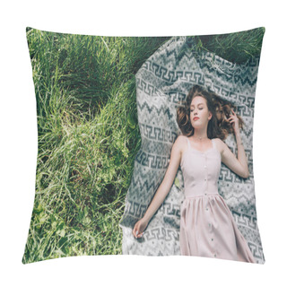 Personality  Overhead View Of Beautiful Thoughtful Woman In Dress Lying On Blank On Green Grass In Park Pillow Covers