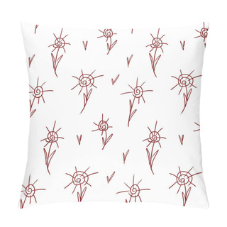 Personality  Minimalistic Simple Seamless Pattern For Decoration Of Fabric, Packaging, Wrapping Paper. Abstract Flowers Of Spines Are Drawn In Brown Outline On A White Background. Pillow Covers