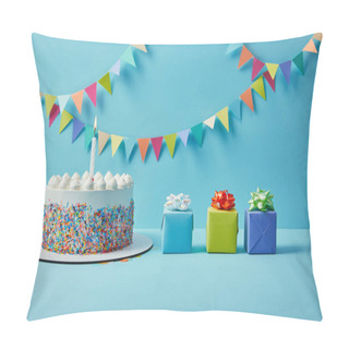 Personality  Tasty Cake With Sugar Sprinkles And Gifts On Blue Background With Colorful Bunting Pillow Covers