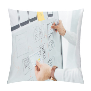 Personality  Cropped View Of Ux Designer Using Layouts While Creative App Interface On Whiteboard Pillow Covers