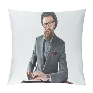 Personality  Handsome Businessman In Vintage Style Clothes Working On Laptop Isolated On Light Background Pillow Covers