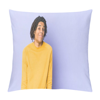 Personality  Young Black Man Wearing Rasta Hairstyle Shrugs Shoulders And Open Eyes Confused. Pillow Covers