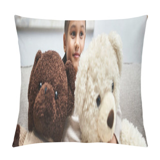 Personality  Cute Elementary Age Kid In Casual Wear Sitting On Sofa With Soft Teddy Bears In Living Room, Banner Pillow Covers