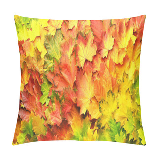 Personality  Red, Orange, Yellow And Green Maple Leaves Background. Golden Autumn Concept. Sunny Day, Warm Weather. Top View. Banner With Light Bokeh Pillow Covers