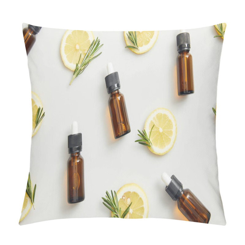 Personality  Flat Lay With Essential Oil In Bottles, Lemon Slices And Rosemary On Grey Background Pillow Covers