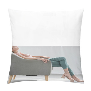 Personality  Attractive Young Woman Relaxing On Comfy Armchair At Home Pillow Covers