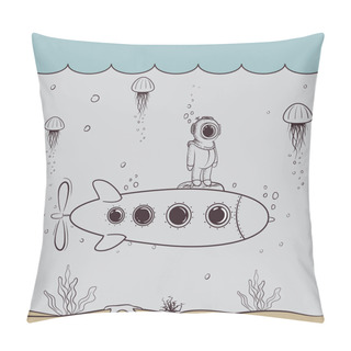 Personality  Little Diver Floats On Submarine In The Deep Ocean Pillow Covers
