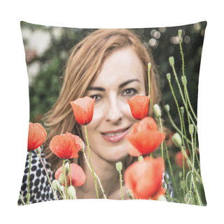 Personality  Young Caucasian Positive Woman With Corn Poppy Flowers, Beauty A Pillow Covers