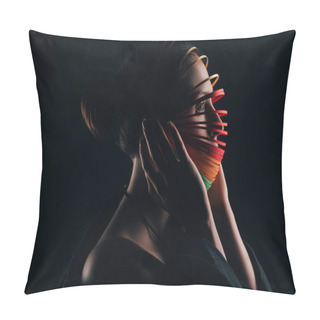 Personality  Side View Of Woman With Colored Quilling Paper On Head Isolated On Black Pillow Covers