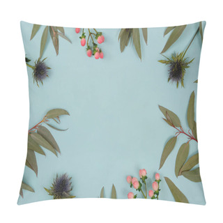 Personality  On A Blue Background, Eucalyptus Leaves, Thistle And Red Berries. Pillow Covers