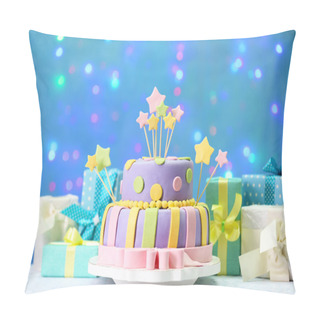 Personality  Delicious Birthday Cake On Shiny Blue Background Pillow Covers