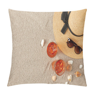 Personality  Top View Of Straw Hat, Cocktails, Seashells And Sunglasses On Sand Pillow Covers