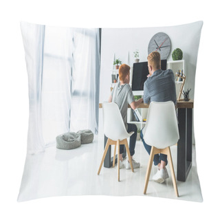 Personality  Back View Of Father Helping Son Doing Homework At Home Pillow Covers