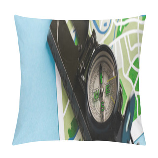 Personality  Panoramic Shot Of Retro And Black Compass On Map On Blue  Pillow Covers