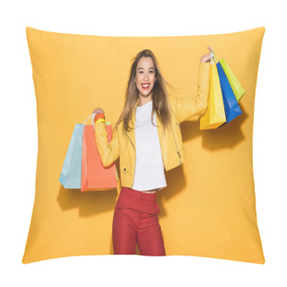Personality  Smiling Stylish Asian Woman With Shopping Bags On Yellow Background  Pillow Covers