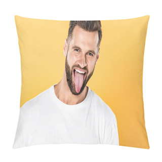 Personality  Handsome Funny Man In White T-shirt Showing Tongue Isolated On Yellow Pillow Covers