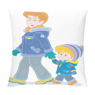 Personality  Young Dad And His Little Son Friendly Talking And Walking Together Hand In Hand On A Winter Stroll, Vector Cartoon Illustration Isolated On A White Background Pillow Covers