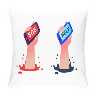 Personality  A Human Hand With A Phone Asks For Help. Vector. Flat Illustration. A Cry For Help, A SOS Signal, Through Communication. Image Is Isolated On A White Background. Logo For Social Movement. Metaphor. Pillow Covers