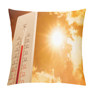 Personality  Weather Thermometer Showing High Temperature And Sunny Sky With Clouds On Background Pillow Covers