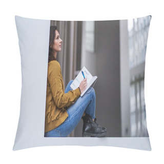 Personality  Attractive Brown Hair Student Woman Journaling Thoughtful With Pen In Casual Outfit In A Modern University Lobby On A White Background Pillow Covers