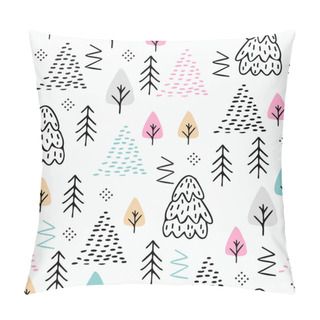 Personality  Scandinavian Christmas Pattern With Seamless Hand Drawn Forest Theme Winter Season. Childish Drawing Trendy Colorful For Youth And Teenager. Vector Illustration Ready For Wallpaper And Fashion Print. Pillow Covers