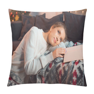 Personality  Beautiful Woman With Book Dreaming On Sofa Pillow Covers