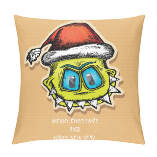 Personality  Vector Monster Face Character In Santa Red Hat. Pillow Covers