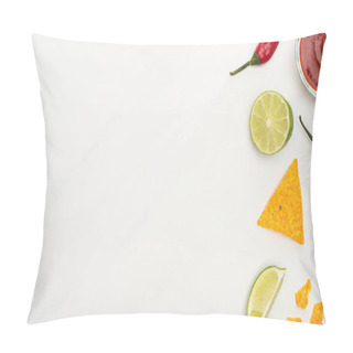 Personality  Top View Of Corn Nachos With Lime, Chili Peppers, Ketchup On White Background Pillow Covers
