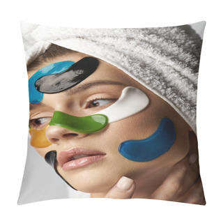 Personality  A Woman With A Towel On Her Head And With Eye Patches On Her Face, Showcasing A Serene And Transformative Beauty Routine. Pillow Covers