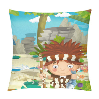 Personality  Cartoon Nature Scene With Caveman - Jungle - Stone Age Family - With Funny Manga Boy - Happy Illustration For Children Pillow Covers