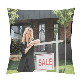 Personality  Cheerful Blonde Real Estate Agent Standing Near For Sale Signboard Next To Cottage Pillow Covers