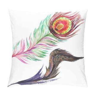 Personality  Colorful Bird Feather From Wing Isolated. Aquarelle Feather For Background. Watercolor Illustration Set. Watercolour Drawing Fashion Aquarelle Isolated. Isolated Feather Illustration Element. Pillow Covers