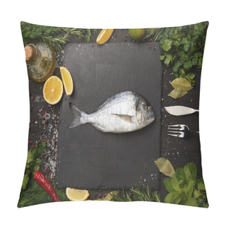 Personality  Raw Fish On Slate Board With Salt And Herbs With Lemon Slices Pillow Covers