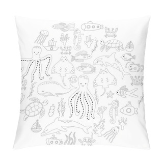 Personality  Set Of Doodles Of Animals And Plants Of The Underwater World For Coloring. Vector Illustration Of Corals And Boats. Collection Of Sea Fish In Outline Pillow Covers