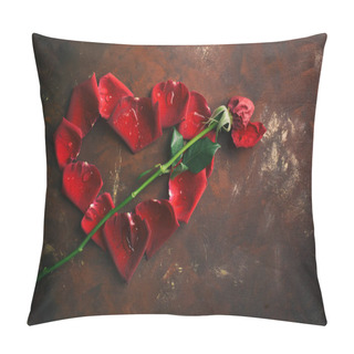 Personality  Red Rose Petals In Heart Shape On Dark Brown And Golden Background. Love, Romance, Anniversary, Valentine's Day Concept. Text Space Pillow Covers