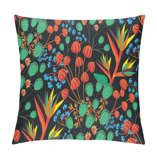 Personality  Hand Vector Illustration. Seamless Floral Vivid Pattern On Dark Background. Red, Blue And Green Flowers, Plant Leaves. Perfect For Creating Unusual Fabrics, Magazine Covers, Room Decor. Pillow Covers