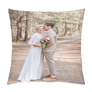 Personality  Full Length View Of Just Married Couple Embracing In Forest Pillow Covers