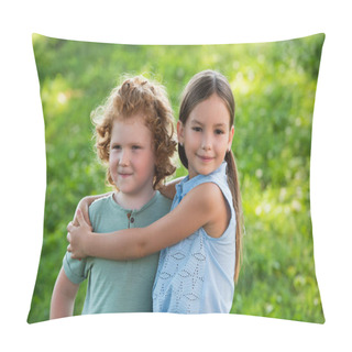 Personality  Smiling Girl Embracing Brother And Looking At Camera Outdoors Pillow Covers