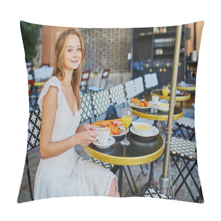 Personality  Cheerful Young Woman Having Breakfast Or Brunch In Traditional French Cafe Pillow Covers