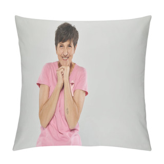 Personality  Breast Cancer Awareness, Happy Middle Aged Woman With Pink Ribbon, Grey Backdrop, Portrait, Tattoo Pillow Covers