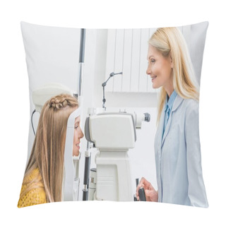 Personality  Professional Female Optometrist Examining Patient Through Slit Lamp In Clinic Pillow Covers