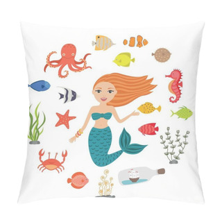 Personality  Marine Illustrations Set. Little Cute Cartoon Mermaid, Funny Fish, Starfish, Bottle With A Ship, Algae, Crab, Seahorse, Octopus. Sea Theme. Pillow Covers