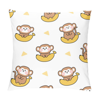 Personality  Seamless Pattern Of Cute Monkey With Banana On White Background.Wild Animal Cartoon Character Design.Baby Clothing.Kawaii.Vector.Illustration. Pillow Covers