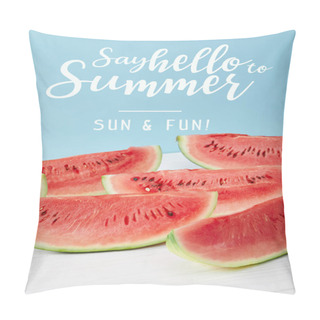 Personality  Red Watermelon Slices On White Surface On Blue Backdrop, With 