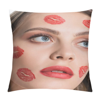 Personality  Close Up View Of Young Woman With Red Kiss Prints On Cheeks Looking Away Isolated On White Pillow Covers