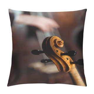 Personality  Cropped View Of Professional Musicians Playing On Violin And Contrabass On Dark Stage, Selective Focus Pillow Covers
