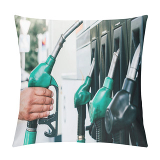 Personality  Cropped View Of Man Holding Fueling Nozzle On Gas Station On Urban Street Pillow Covers