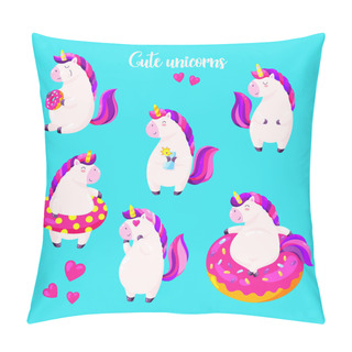Personality  Set Of Funny Cartoon Magic Unicorns. Patch, Badge Sticker. Pillow Covers