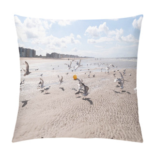 Personality  Seagulls Fly Low Over Water And Sandy Beach, Blue Sky And White Clouds Pillow Covers